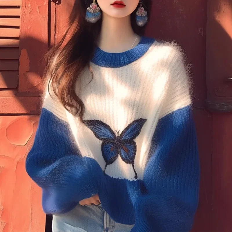 Wjczt Lazy Style Contrasting Color Klein Blue Soft Women's Sweater Autumn Winter Loose Korean Version Butterfly Printed Top for Women Faux Fur Fabric Real Fur Fabric Shearling Fabric