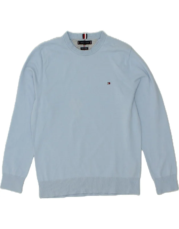 TOMMY HILFIGER Mens Crew Neck Jumper Sweater Medium Blue Cotton Front Pockets Side Pockets Patch Pockets