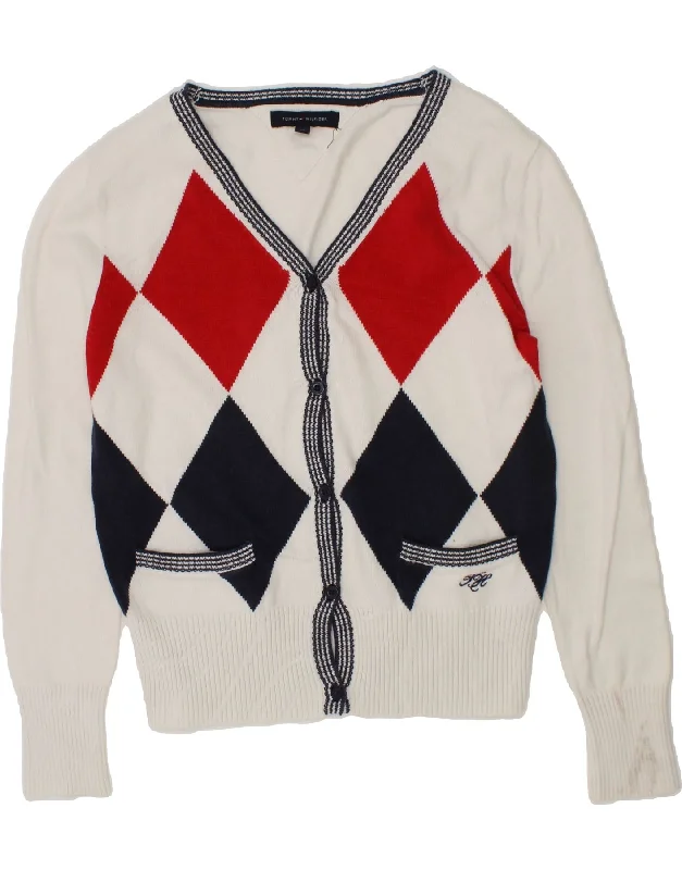 TOMMY HILFIGER Girls Cardigan Sweater 9-10 Years White Argyle/Diamond Polka Dot Checkered Tartan