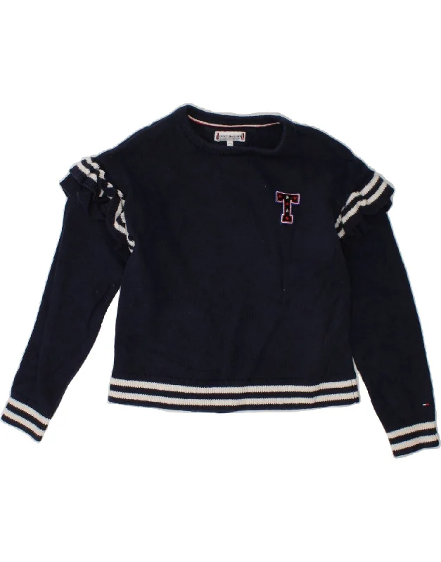 TOMMY HILFIGER Girls Crew Neck Jumper Sweater 4-5 Years Navy Blue Cotton Beaded Sweater Sequined Faux Fur