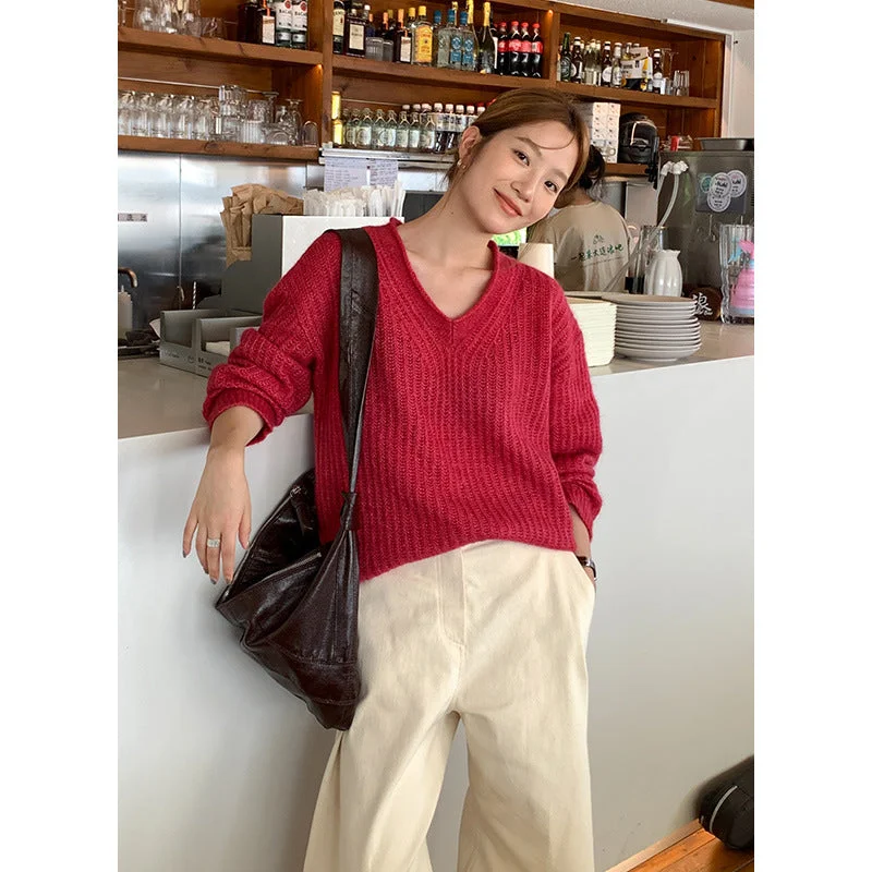 Wjczt Fall Outfits Lazy Style Thick Needle Sweater for Women 2024 Autumn New V-neck Knitted Top Stylish Fashionable Trendy