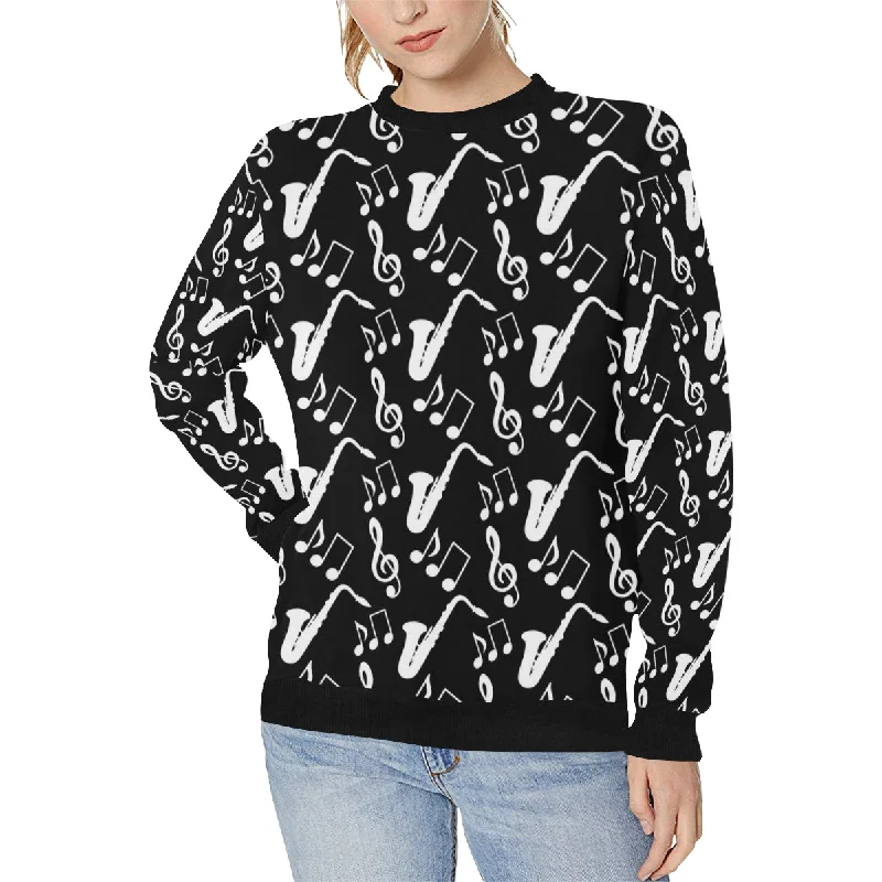 Saxophone music notes treble clef black white them Women's Crew Neck Sweatshirt Hoodie Dress Longline Feminine