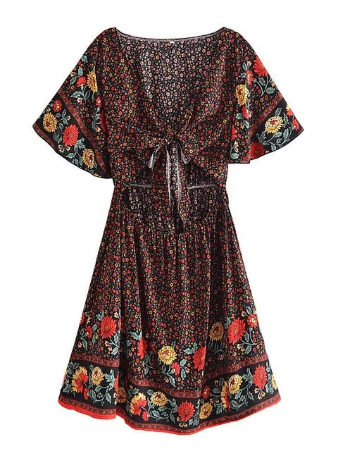 Women Floral Print Rayon Cottton Deep Bow Neck Bohemian Mini Dress Trendy Tulle Mini Dress