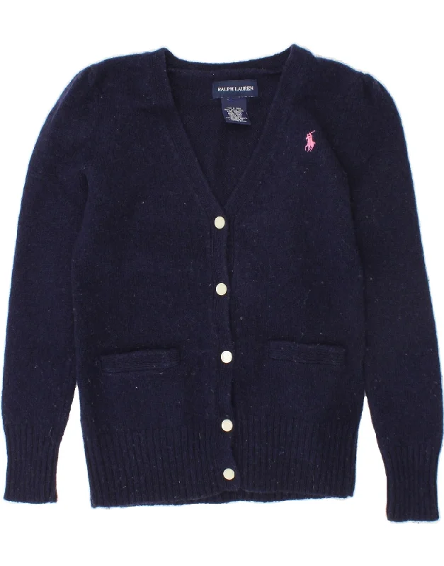 RALPH LAUREN Girls Cardigan Sweater 2-3 Years Navy Blue Merino Wool Silk Blend Satin Velvet