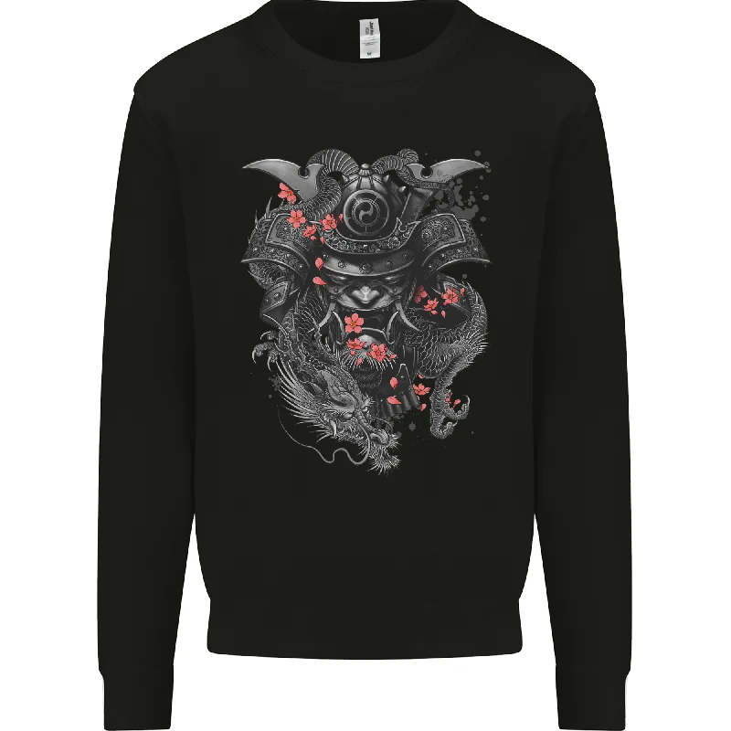 A Samurai Head with Dragons Warrior MMA Mens Sweatshirt Jumper Hoodie with Batwing Sleeves Loose Dramatic