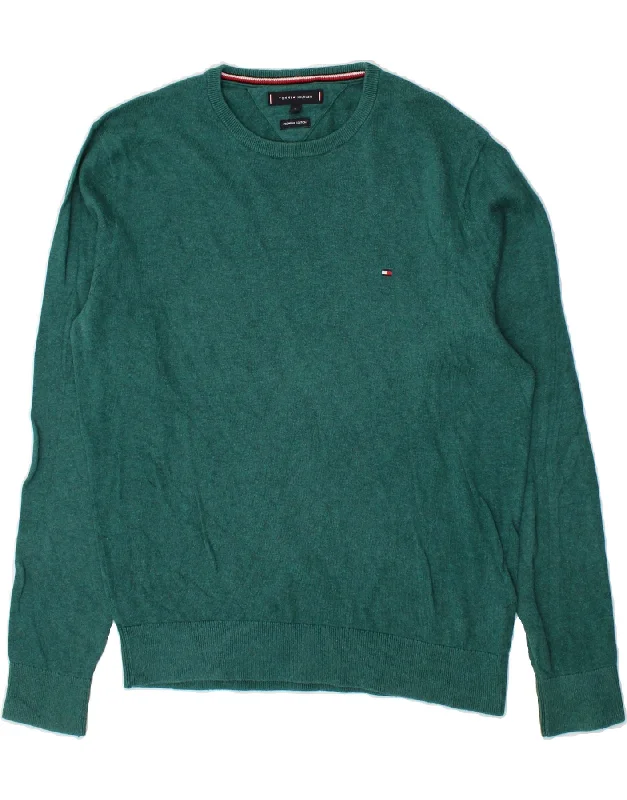 TOMMY HILFIGER Mens Crew Neck Jumper Sweater Large Green Cotton Turtle Neck Boat Neck Asymmetrical Neck