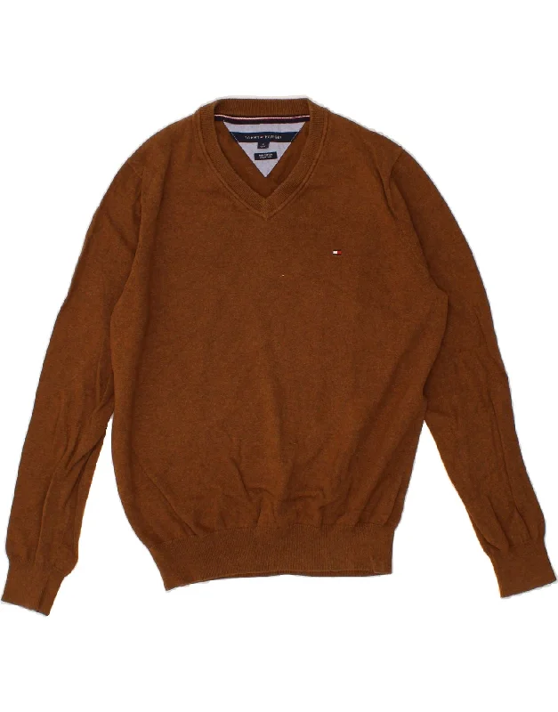 TOMMY HILFIGER Mens V-Neck Jumper Sweater Medium Brown Cotton Elegant Classic Vintage