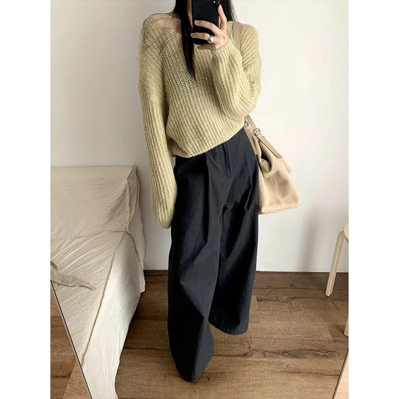 Wjczt Fall outfits Weaelab 2024 Autumn New Korean Style Loose Hollow Wool V-neck Knitted Sweater for Women Trendy Lw7275 Graphic Sweater Embroidered Appliqued