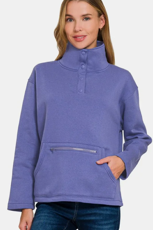 Zenana Turtleneck Half Snap Fleece Sweatshirt In Purple Hoodie with High-Low Hem Asymmetrical Trendy