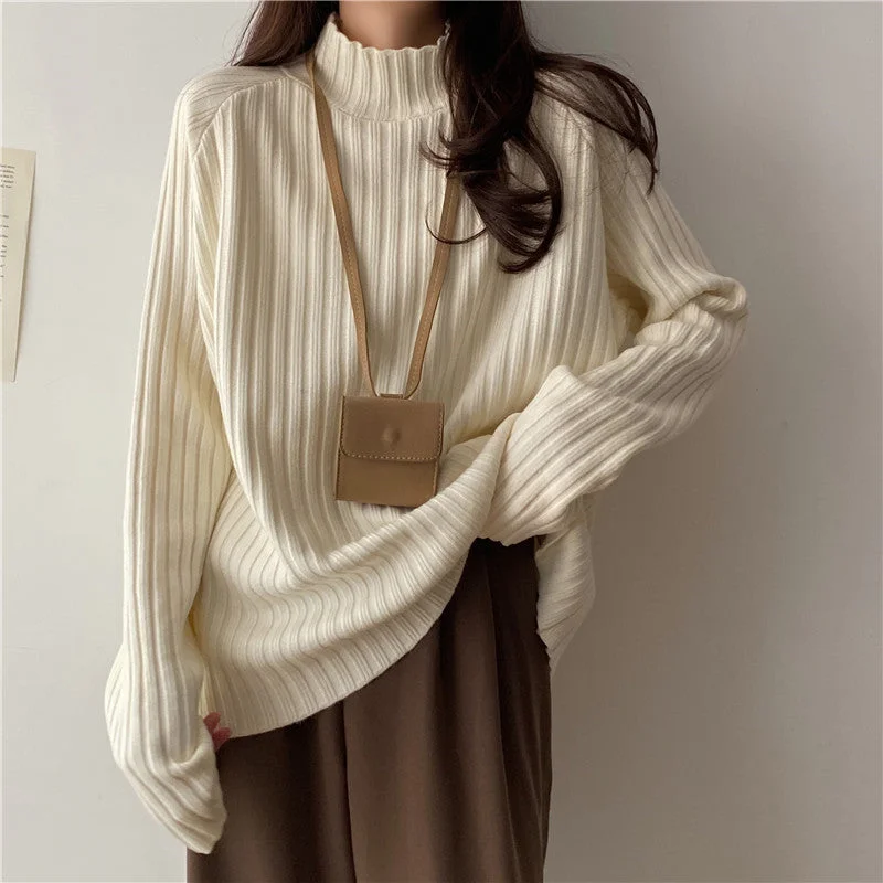 Wjczt dti outfits Women's Half Turtleneck Sweater Autumn and Winter Korean Style Loose Bottoming Shirt Inner Wear Fleece-lined Thick All-Match Sweater Long Sleeve Top Nylon Fabric Polyester Fabric Spandex Fabric