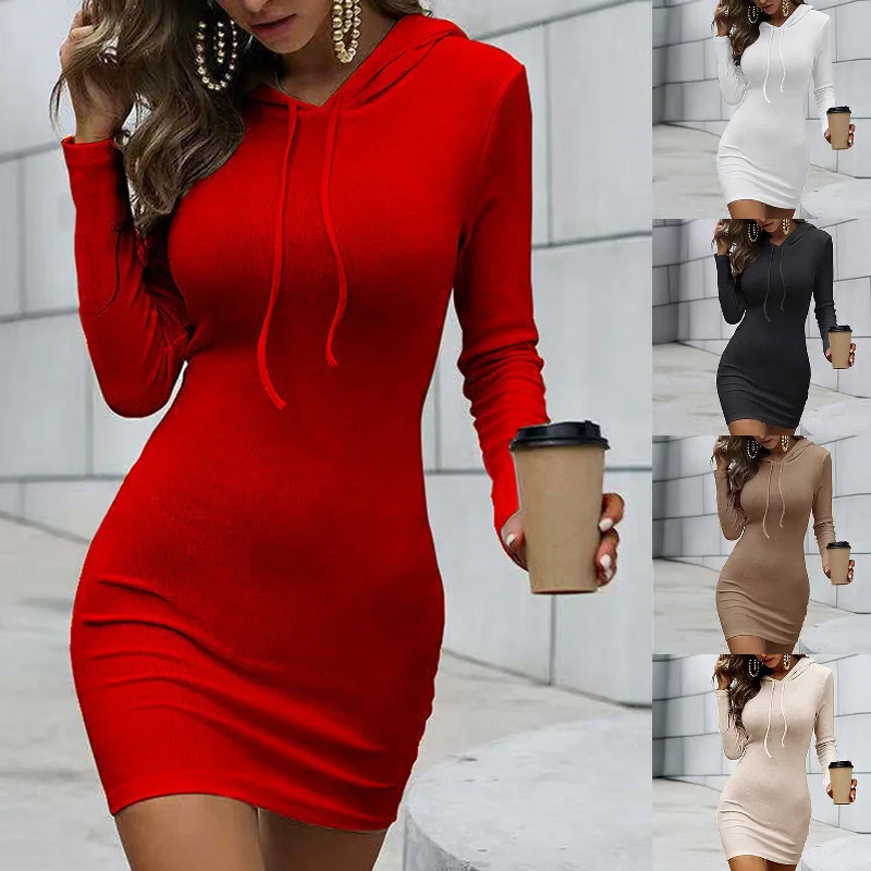 Wjczt 2022 Women's Autumn Temperament Waist Solid Color Hooded Casual Sexy V-neck Bag Hip Skirts Women Long Sleeve Sweaters Mini Dress Solid Color Striped Floral Print