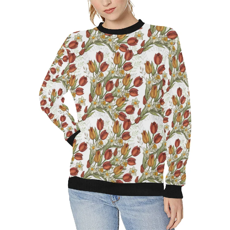 Red tulips and daffodils pattern Women's Crew Neck Sweatshirt Hoodie with Magnetic Closure Innovative Modern