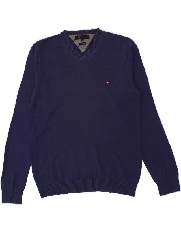 TOMMY HILFIGER Mens V-Neck Jumper Sweater Medium Navy Blue Cotton Velvet Chenille Corduroy