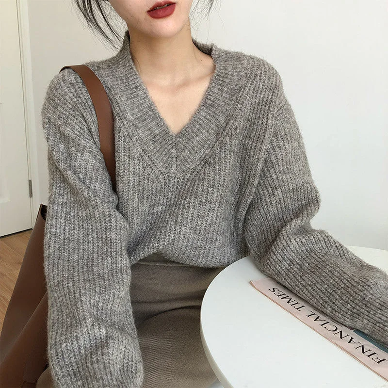 Wjczt Fall outfits Sweater Lazy Style V-neck Pullover Women's Loose 2024 Autumn and Winter Korean Style New Retro Women's Sweater Real Fur Shearling Chenille