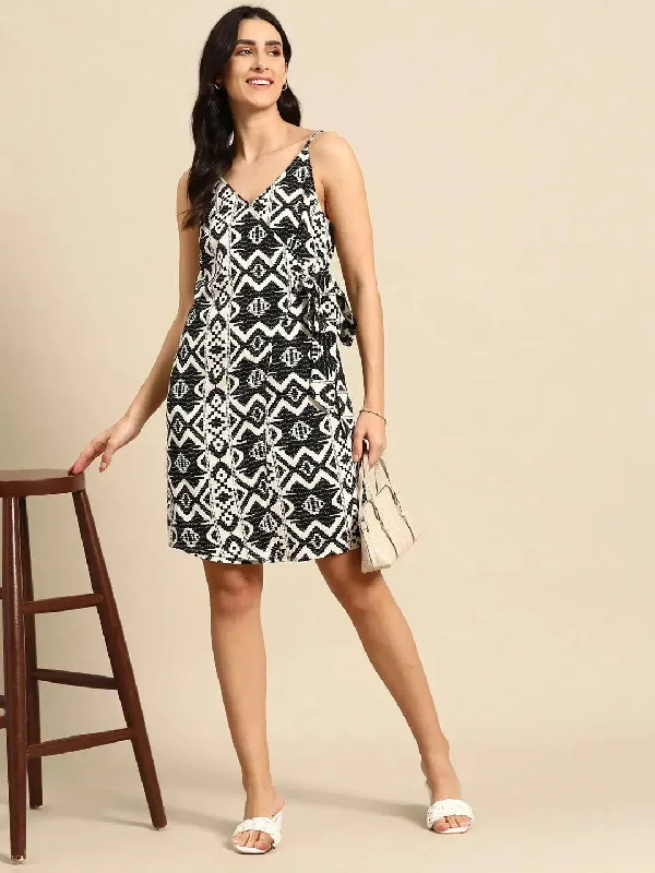 Overlap Mini Dress with side tie up in Black and Cream Ikkat Print Chic Pleated Mini Dress