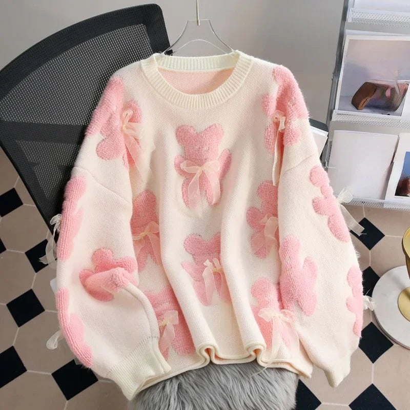 Wjczt Cartoon Pink Women Sweaters Bows Autumn Winter Korean Fashion Sweet Pull Femme Kawaii Loose Warm Retro Pullovers Cashmere Blend Cotton Blend Poly Blend