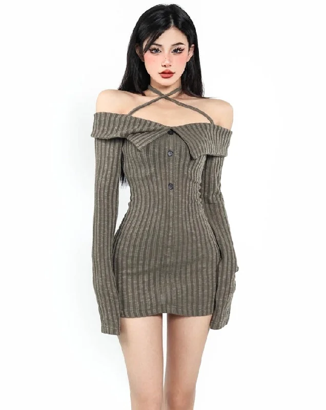 Trixie Off The Shoulder Halter Ribbed Long Sleeve Button Up Slim Mini Dress Classic Shift Mini Dress