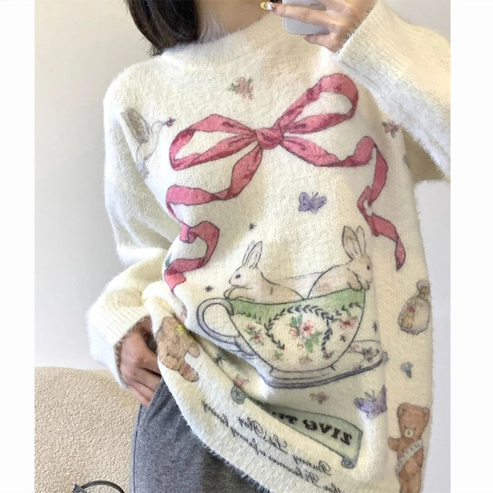 Wjczt American Vintage Y2K Cartoon Rabbit Printed Sweater for Girls Loose Oversized Knitted Pullover Soft Comfortable Winter Clothes Terry Blend Velvet Blend Canvas Blend