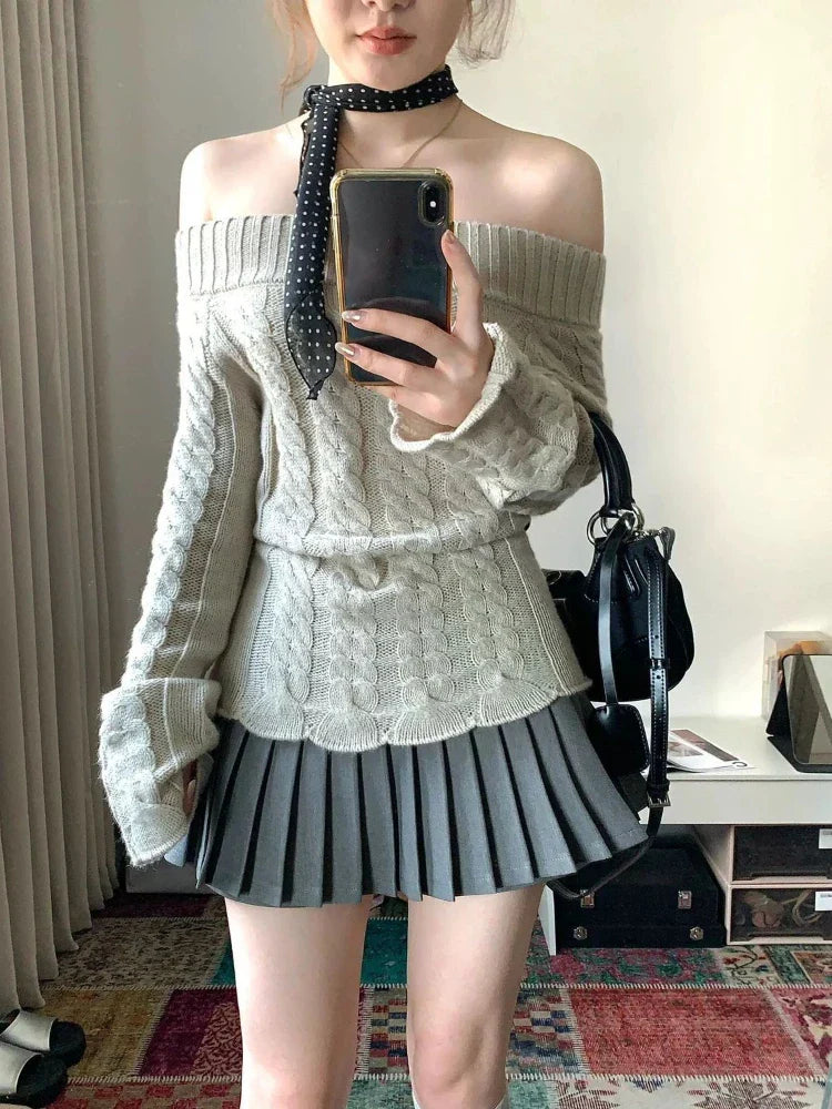 Wjczt Korean Style Sexy Off Shoulder Sweater Women Sweet Elegant Long Sleeve Knitted Pullover Cute Fashion Slim Up Sweaters Terry Blend Velvet Blend Canvas Blend