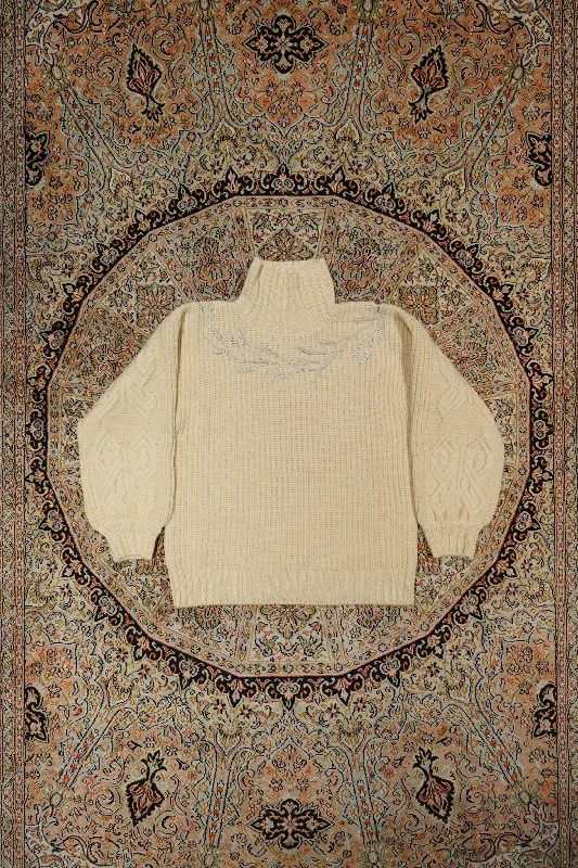 Fujimoto High Neck Sweater with Rye (Off White) Chenille Brocade Lace