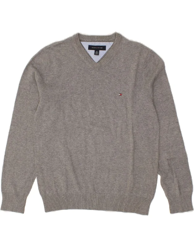 TOMMY HILFIGER Mens V-Neck Jumper Sweater Small Grey Cotton Layered Multi-layer Single Layer