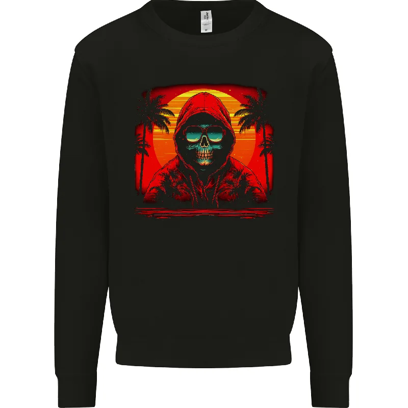 A Retrowave Skeleton With Holiday Sunset Skull Mens Sweatshirt Jumper Hoodie with Mock Neck Collared Structured