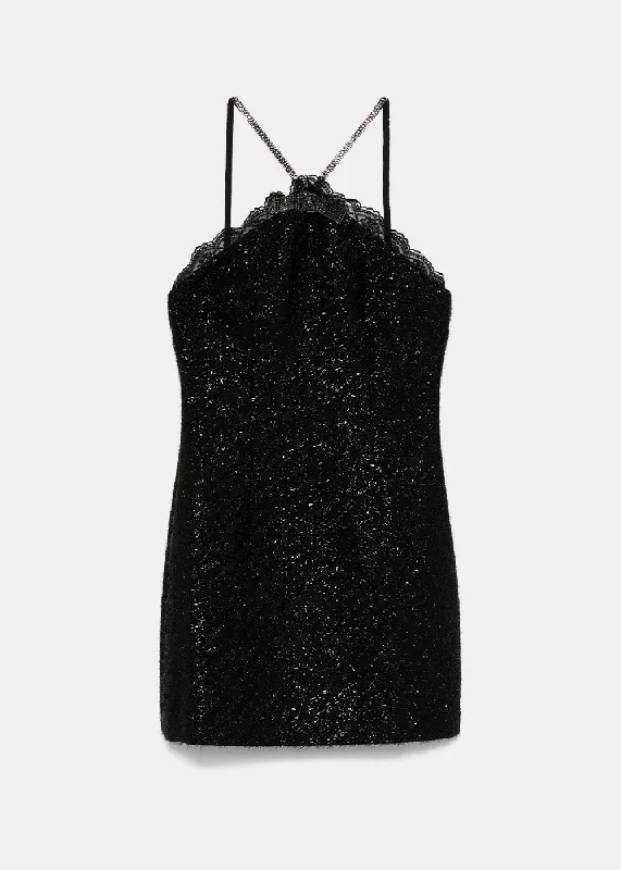 Black Tinsel Boucle Halter Mini Dress Stylish Ribbed Mini Dress