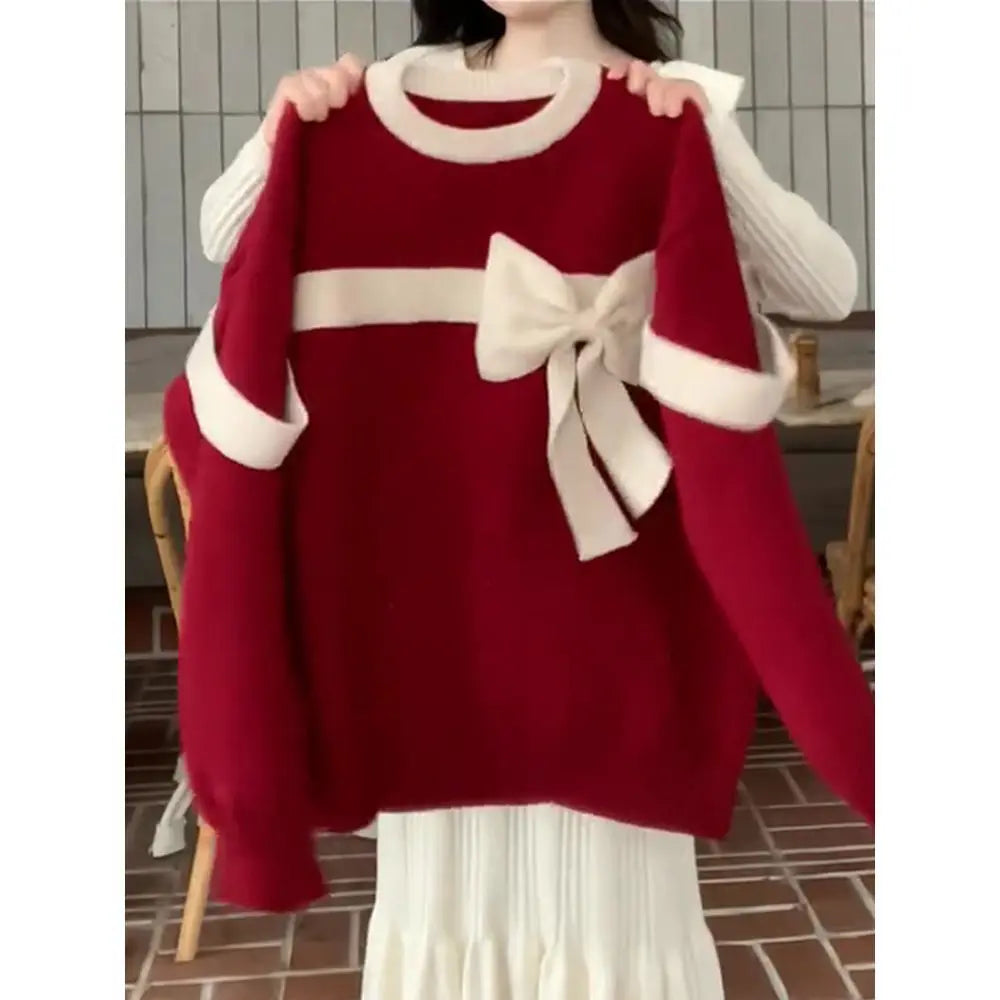 Wjczt 2024 New Christmas Bow Pullover Sweater for Women Thickened Design for Autumn and Winter Niche and Lazy Style High-end Feeling Turtle Neck Boat Neck Asymmetrical Neck