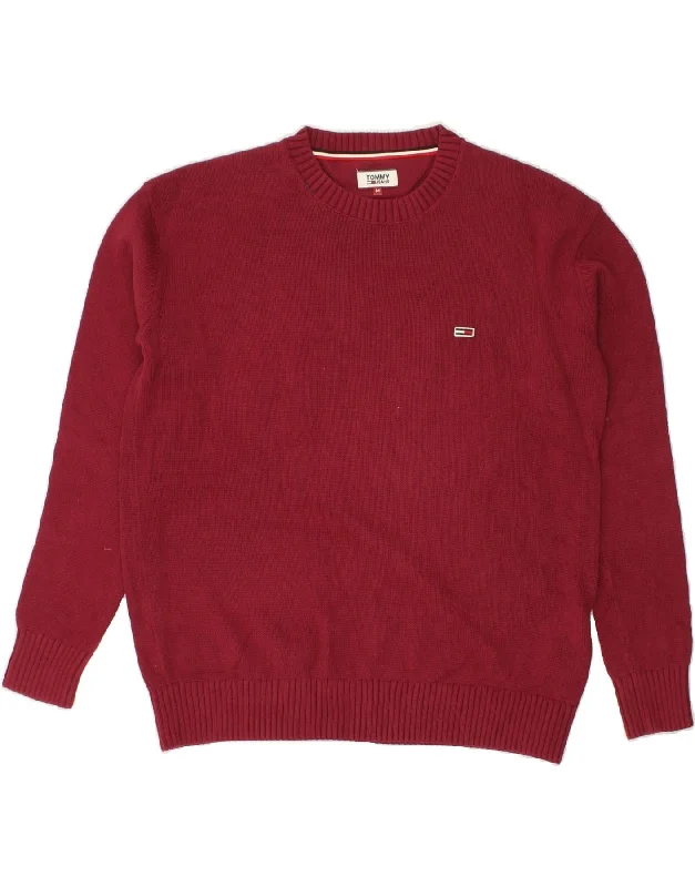 TOMMY HILFIGER Mens Crew Neck Jumper Sweater Medium Burgundy Cotton Boat Neck Shawl Collar Notched Collar