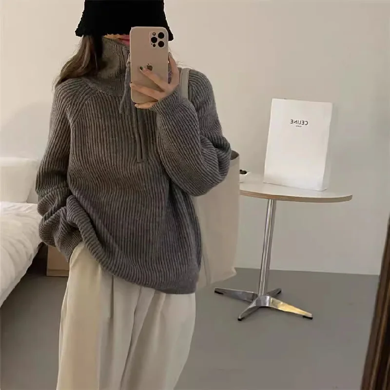 Wjczt mens fashion Korean Style Half Zipper Sweater Women's Autumn and Winter New Style Pit Design Sense Stand Collar Soft Glutinous Loose Outer Wear Sweater Top Velvet Chenille Corduroy