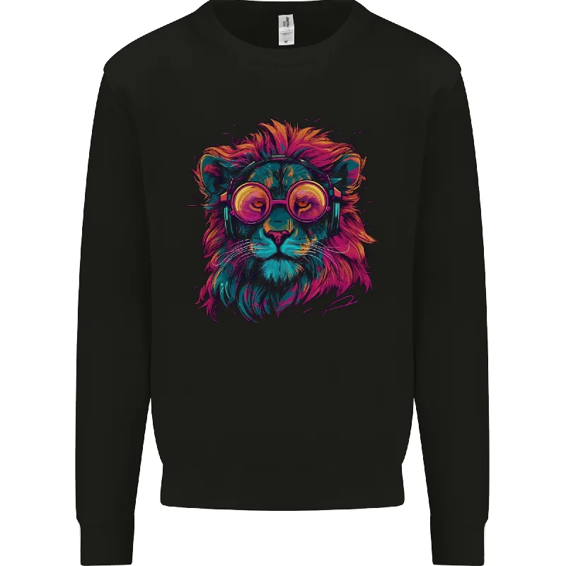 A Retrowave Lion Mens Sweatshirt Jumper Hoodie with Longline Fit Extended Stylish