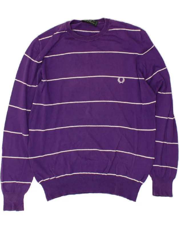 FRED PERRY Mens Crew Neck Jumper Sweater Large Purple Striped Cotton Fitted Slim Tailored