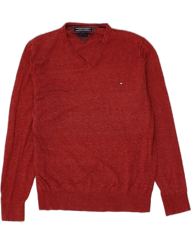 TOMMY HILFIGER Mens V-Neck Jumper Sweater Medium Red Flecked Cotton Chenille Fabric Brocade Fabric Lace Fabric