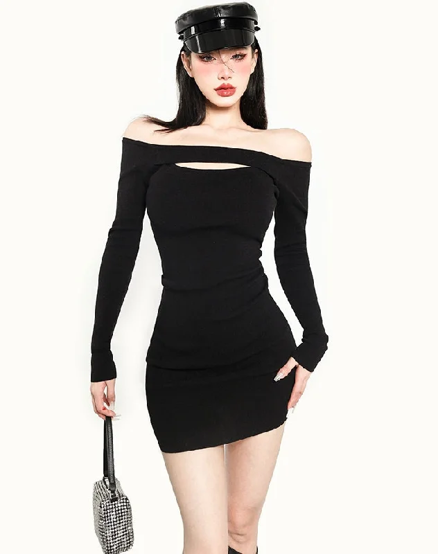 Regina Solid Color Off The Shoulder Long Sleeve Slim Cut Out Band Mini Dress Elegant Off-Shoulder Dress Mini