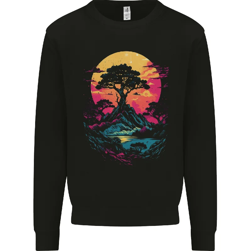 A Retrowave Landscape Outdoors Hiking Mens Sweatshirt Jumper Hoodie with Frayed Bohemian Relaxed