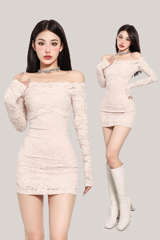 Latatia Lace Off the Shoulder Tight Long Sleeve Slim Mini Dress Fashionable Button-Front Mini Dress