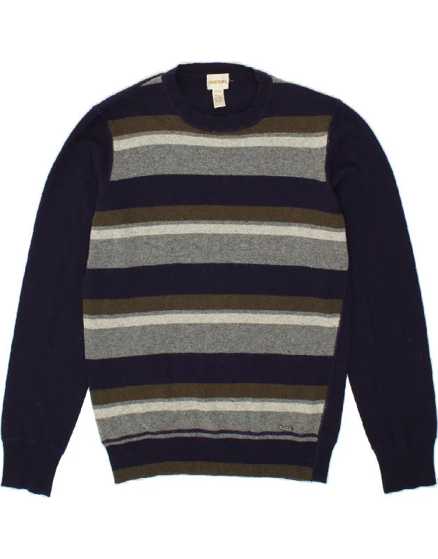 DIESEL Mens Crew Neck Jumper Sweater Large Navy Blue Striped Wool Lightweight Heavyweight Midweight