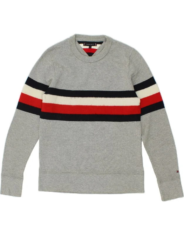 TOMMY HILFIGER Mens Crew Neck Jumper Sweater Medium Grey Striped Cotton Mesh Blend Leather Blend Suede Blend