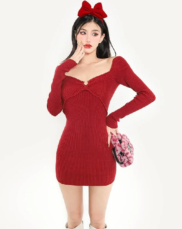 Little Bow Miss Christmas Solid Color Red Square Neck Long Sleeve Slim Ribbed Mini Dress Cozy T-Shirt Mini Dress