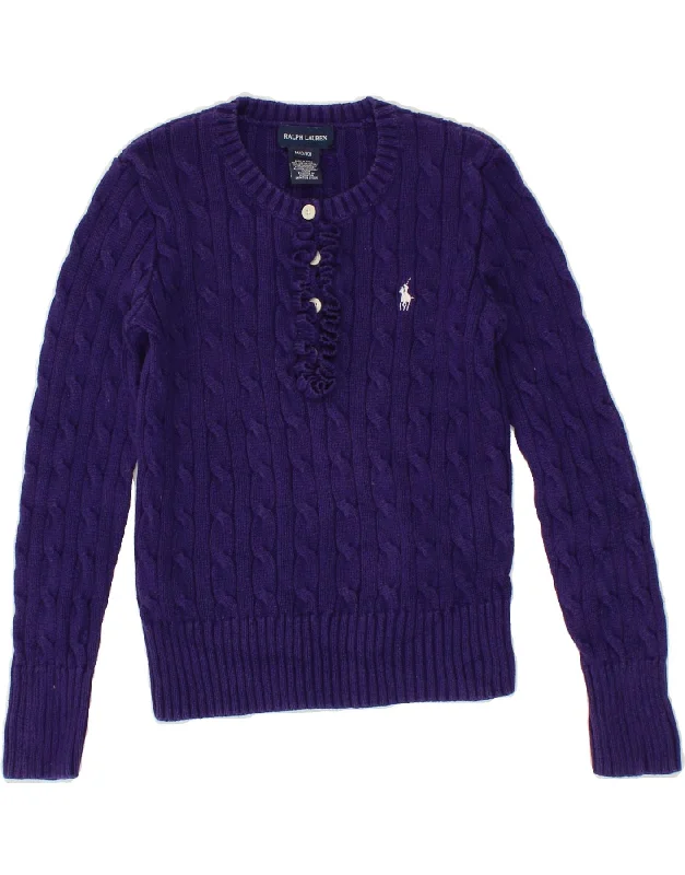 RALPH LAUREN Girls Crew Neck Jumper Sweater 8-9 Years Medium Purple Cotton Sequined Glittery Shiny