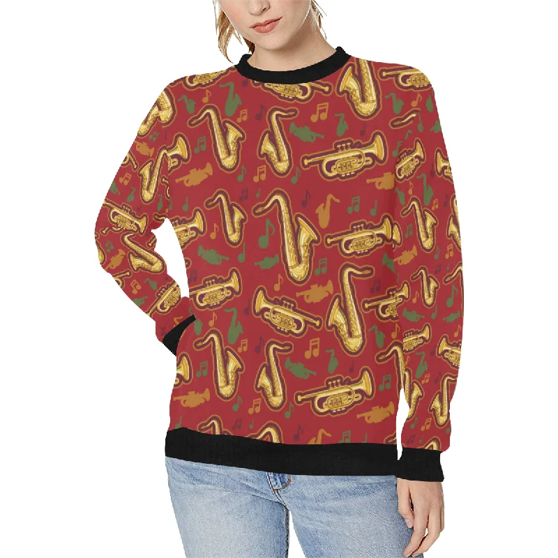 Saxophone cornet pattern red background Women's Crew Neck Sweatshirt Hoodie with Zipper Placket Modern Functional