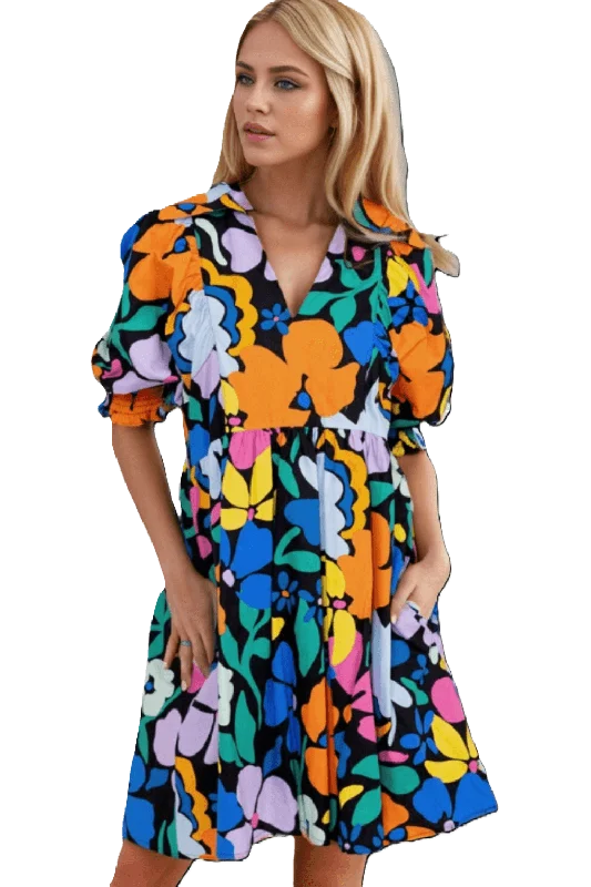 Printed Johnny Collar Half Sleeve Mini Dress Chic Sleeveless Mini Dress