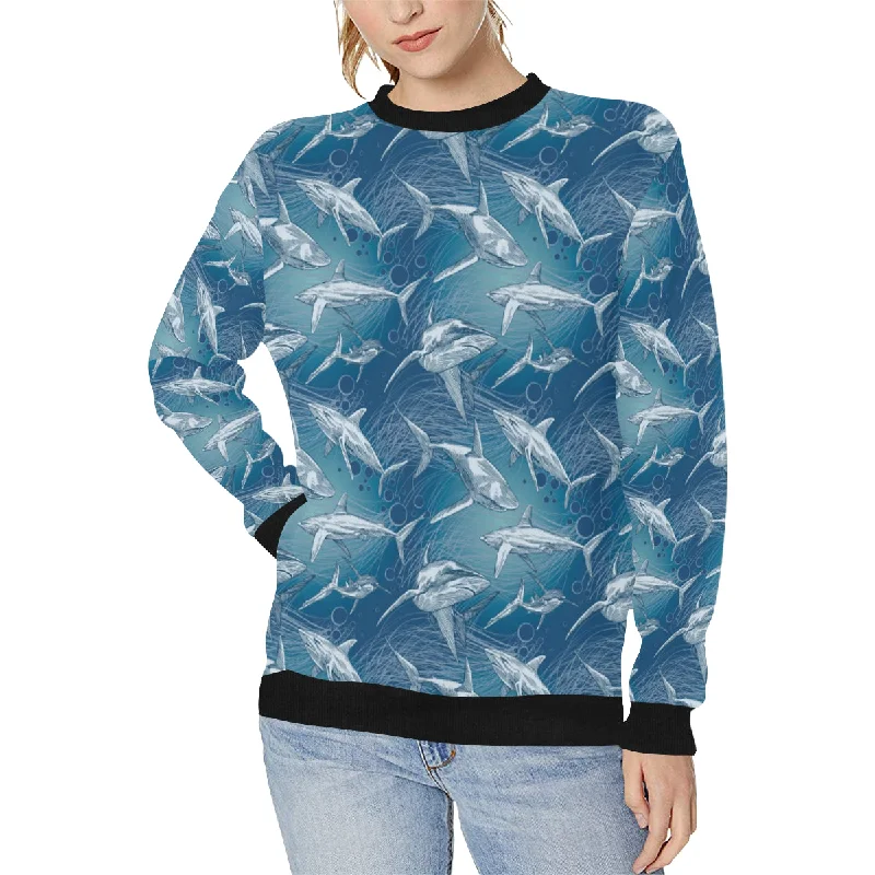 Shark hand drawn Women's Crew Neck Sweatshirt Hoodie with Pocket Utility Practical