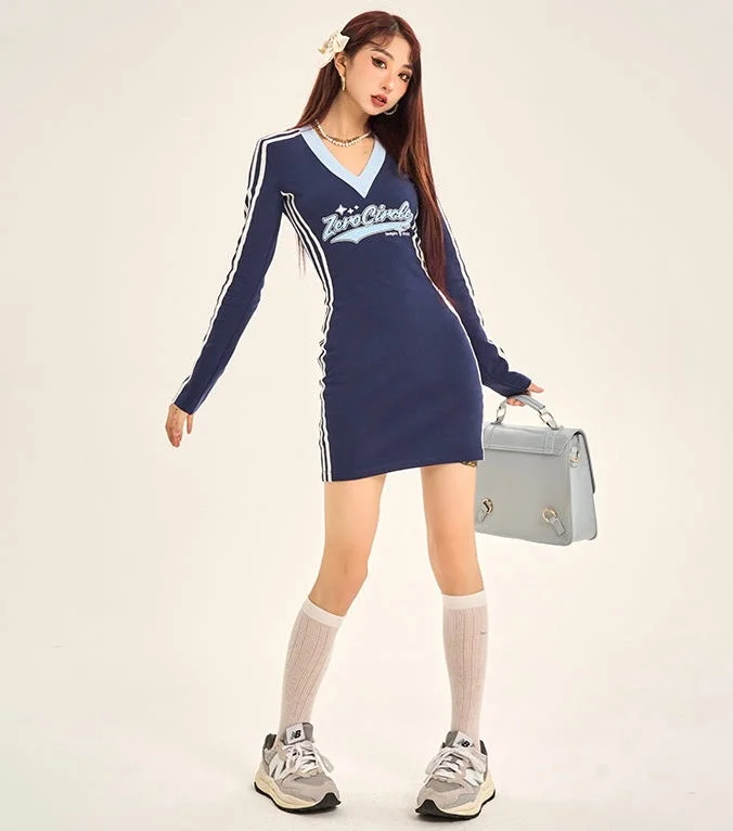 ZEROCIRCLE Graphic Letter Print Slim V Neck Long Sleeve Mini Dress Fashionable Mini Dress with Slits