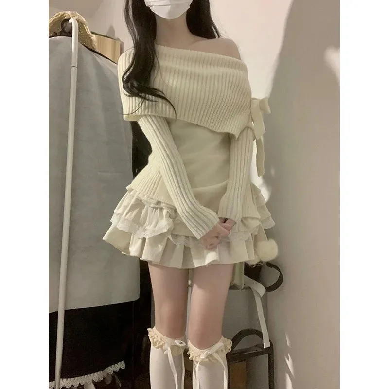 Wjczt church outfit Korean Style Pure White off-Shoulder Long-Sleeved Sweater Women's Autumn Bow off-Shoulder Sweater Slim-Fit Short Top Zippered Buttoned Snapped