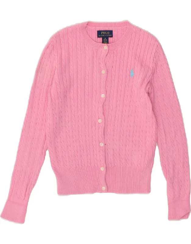 POLO RALPH LAUREN Girls Cardigan Sweater 8-9 Years Medium Pink Cotton Plaid Sweater Polka Dot Checkered