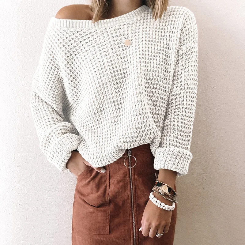 Wjczt discover style ideas 2024 New Sweater Women's Solid Color Loose Oblique Collar Long Sleeve Knitted Top Autumn and Winter Sweater Tailored Straight A-Line