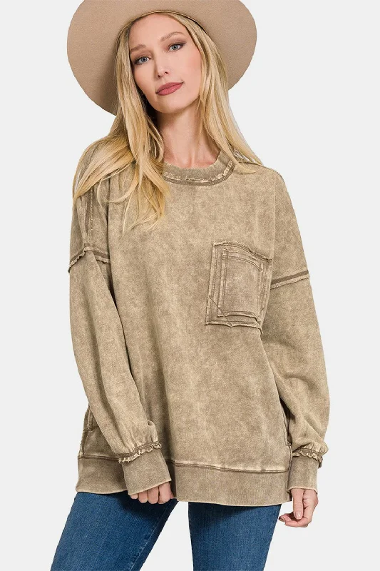 Zenana Exposed Seam Round Neck Dropped Shoulder Sweatshirt In Mocha Hoodie with Button Classic Timeless