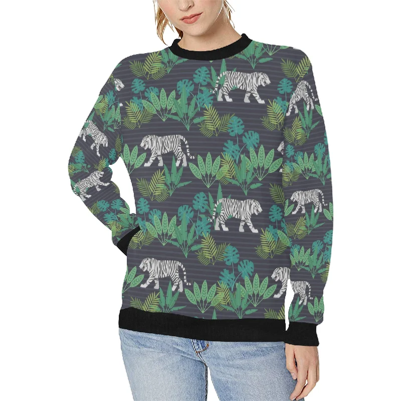 white bengal tigers tropical plant Women's Crew Neck Sweatshirt Hoodie with High Neck Warm Protective