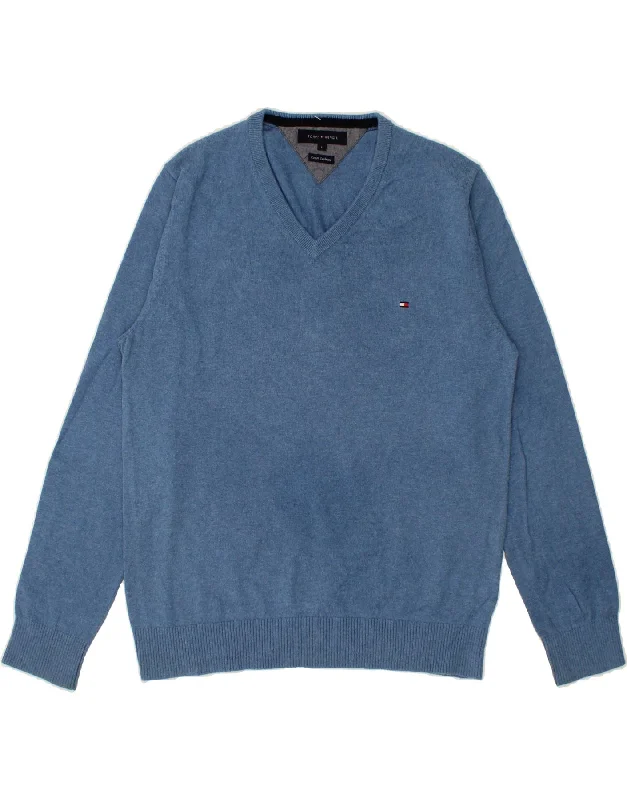 TOMMY HILFIGER Mens V-Neck Jumper Sweater Large Blue Cotton Polka Dot Checkered Tartan